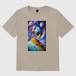 Футболка оверсайз женская Футуристическая женщина и планеты, цвет: миндальный