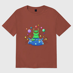 Футболка оверсайз женская Зеленый кот инопланетянин, цвет: кирпичный