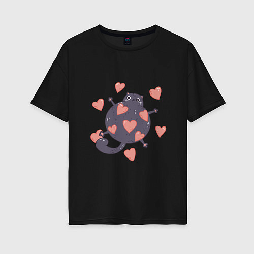 Женская футболка оверсайз Мартовский котик в любви / Черный – фото 1