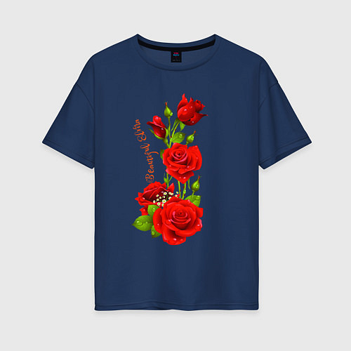 Женская футболка оверсайз Прекрасная Эльвира - букет из роз / Тёмно-синий – фото 1