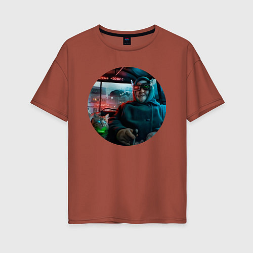 Женская футболка оверсайз Бабушка и кот в киберпанке / Кирпичный – фото 1