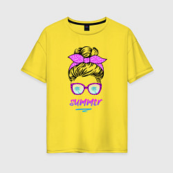 Футболка оверсайз женская Лето - девушка в розовых солнцезащитных очках, цвет: желтый