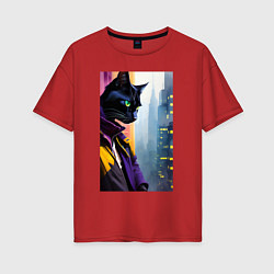 Женская футболка оверсайз Black cat in New York - neural network