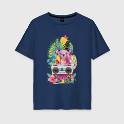 Футболка оверсайз женская Розовая коала с бумбоксом и тропическими листьями, цвет: тёмно-синий