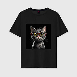 Футболка оверсайз женская Желтоглазый котик в очках, цвет: черный