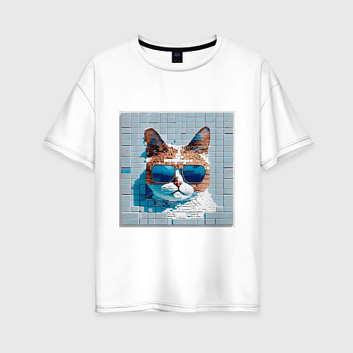 Женская футболка оверсайз Цифровой кот в темных очках / Белый – фото 1
