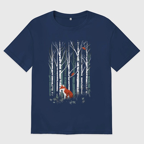 Женская футболка оверсайз Рыжая лиса в березовом лесу / Тёмно-синий – фото 1