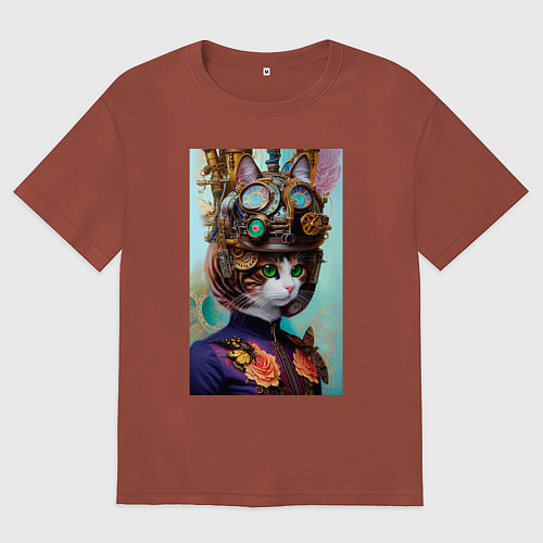 Женская футболка оверсайз Кошечка в стиле стимпанк - нейросеть / Кирпичный – фото 1