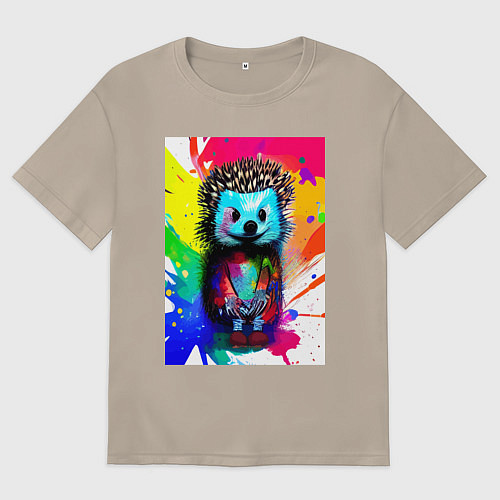 Женская футболка оверсайз Акварельный эскиз ёжика - живопись / Миндальный – фото 1