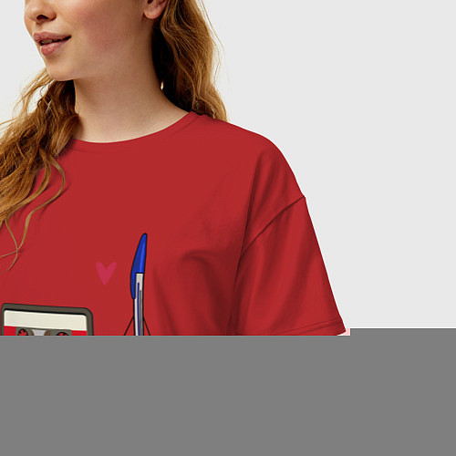 Женская футболка оверсайз Кассета и ручка / Красный – фото 3