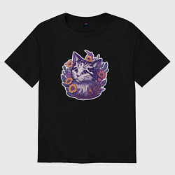 Футболка оверсайз женская Милый котик и полевые цветы, цвет: черный