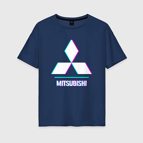 Женская футболка оверсайз Значок Mitsubishi в стиле glitch / Тёмно-синий – фото 1