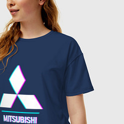 Футболка оверсайз женская Значок Mitsubishi в стиле glitch, цвет: тёмно-синий — фото 2