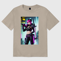 Женская футболка оверсайз Девчонка-кошка - кибер-самурай