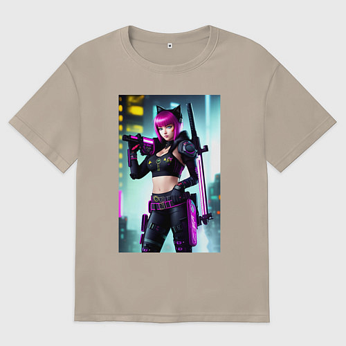 Женская футболка оверсайз Девчонка-кошка - кибер-самурай / Миндальный – фото 1
