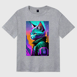Женская футболка оверсайз Прикольный котёнок - киберпанк