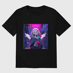 Футболка оверсайз женская Милая аниме девушка-ангел со светящимися крыльями, цвет: черный