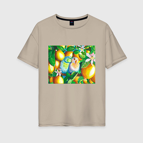 Женская футболка оверсайз Попугаи в лимонах / Миндальный – фото 1