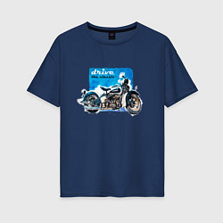 Женская футболка оверсайз Ретро мотоцикл акварелью