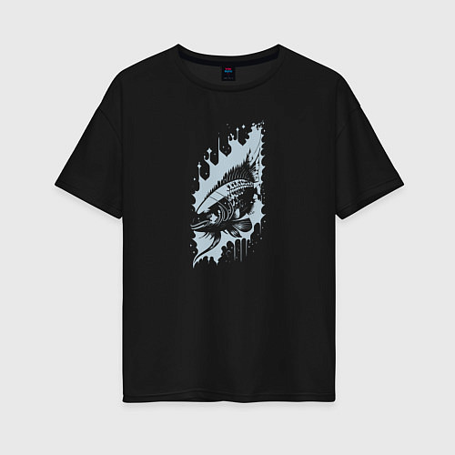 Женская футболка оверсайз Абстрактная рыба и чернильные пятна / Черный – фото 1