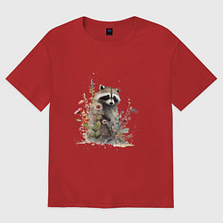 Футболка оверсайз женская Акварельный милый енот, цвет: красный