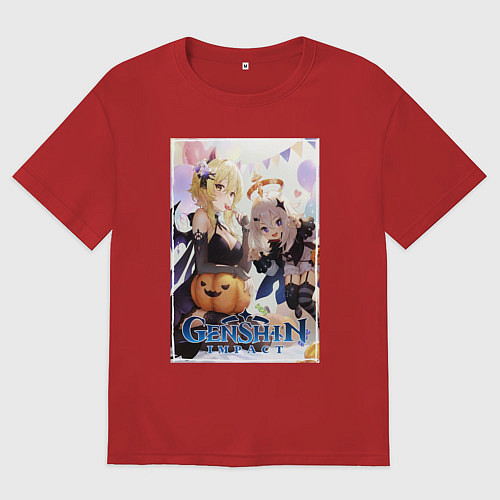 Женская футболка оверсайз Lumine and Paimon halloween / Красный – фото 1