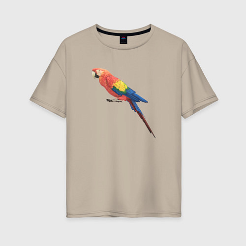 Женская футболка оверсайз Одинокий сине-красный попугай / Миндальный – фото 1