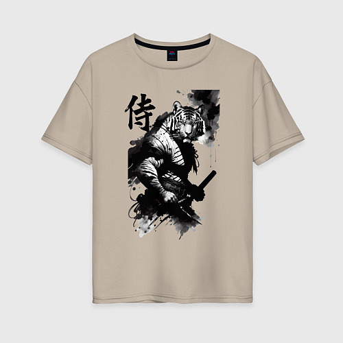 Женская футболка оверсайз Tiger samurai - hieroglyph - art / Миндальный – фото 1