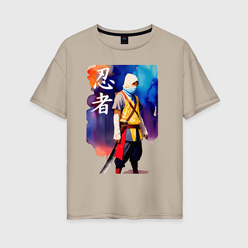 Женская футболка оверсайз Ниндзя - иероглифы - живопись / Миндальный – фото 1