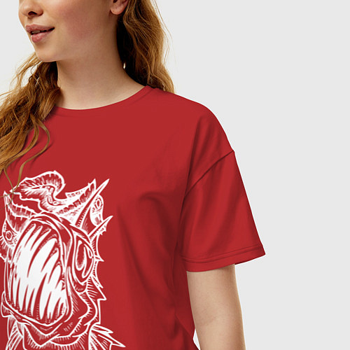 Женская футболка оверсайз Белая зубастая рыба / Красный – фото 3