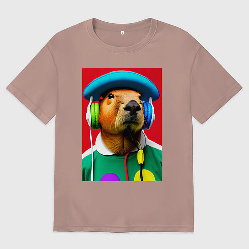 Женская футболка оверсайз Капибара в наушниках и шляпе - нейросеть / Пыльно-розовый – фото 1