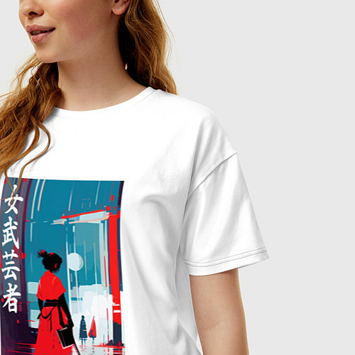 Женская футболка оверсайз Онна-бугэйся - девушка-самурай - иероглифы - Япони / Белый – фото 3