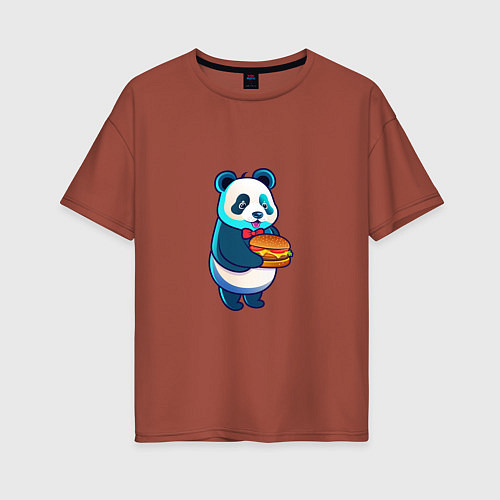Женская футболка оверсайз Милая панда с чизбургером / Кирпичный – фото 1