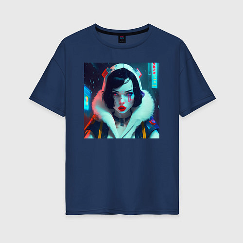 Женская футболка оверсайз Белоснежка киберпанк - нейросеть / Тёмно-синий – фото 1