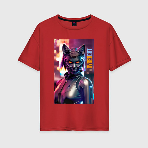 Женская футболка оверсайз Взгляд чёрной кошки - киберпанк - нейросеть / Красный – фото 1