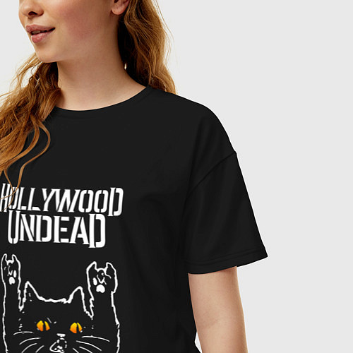 Женская футболка оверсайз Hollywood Undead rock cat / Черный – фото 3