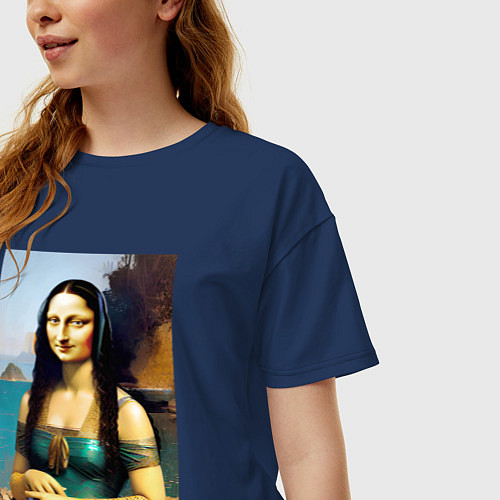 Женская футболка оверсайз Мона Лиза на пляже - Биарриц - Франция / Тёмно-синий – фото 3