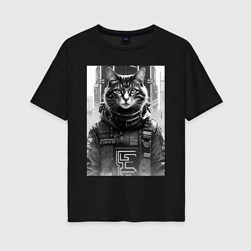 Женская футболка оверсайз Cool cat - cyberpunk - neural network / Черный – фото 1