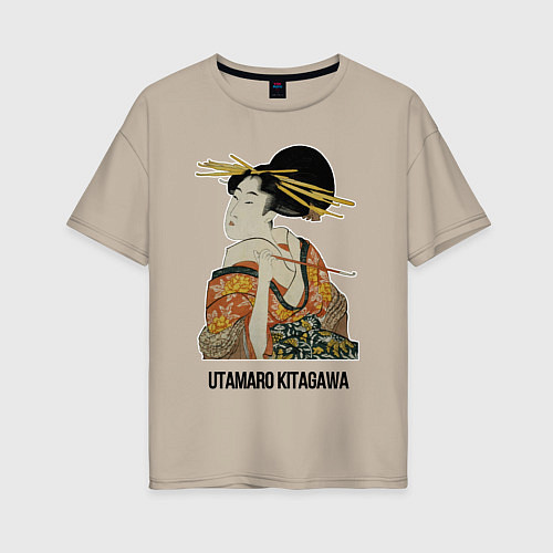 Женская футболка оверсайз Утамаро Китагава - картина Гейша с трубкой / Миндальный – фото 1
