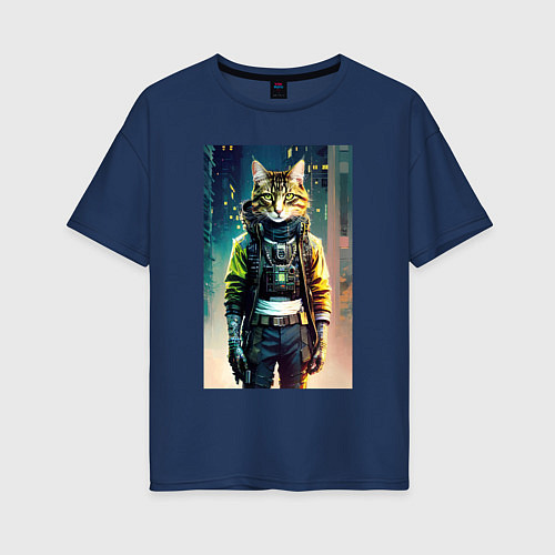 Женская футболка оверсайз Крутой котяра - киберпанк - нейросеть / Тёмно-синий – фото 1