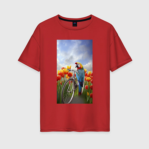 Женская футболка оверсайз Попугай на велосипеде / Красный – фото 1