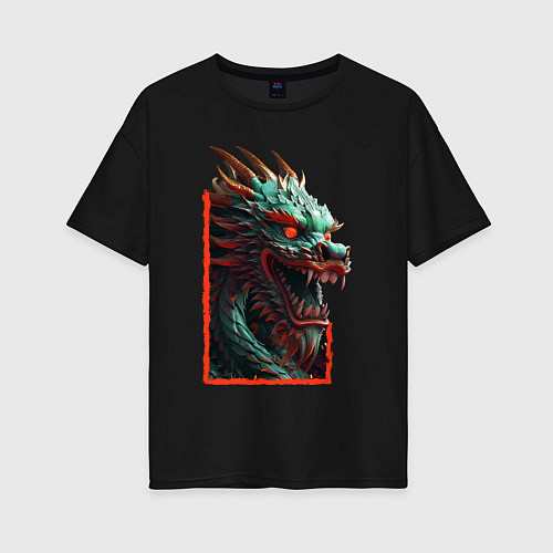 Женская футболка оверсайз Дракон с горящими глазами: арт нейросети / Черный – фото 1
