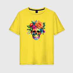 Футболка оверсайз женская Череп с цветами в мексиканском стиле, цвет: желтый