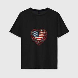 Футболка оверсайз женская Сердце с цветами флаг США, цвет: черный