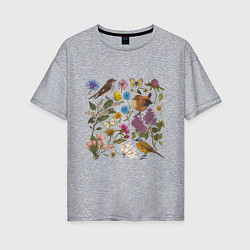 Женская футболка оверсайз Цветение и птички