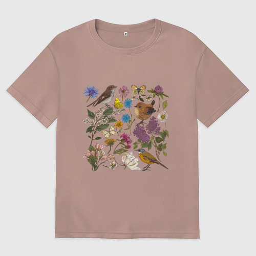Женская футболка оверсайз Цветение и птички / Пыльно-розовый – фото 1