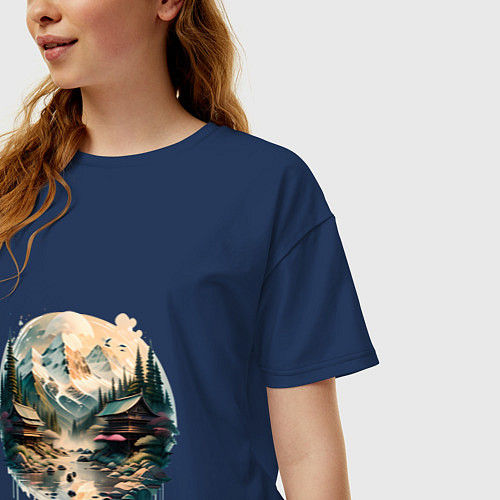 Женская футболка оверсайз Японские дома на фоне гор в стиле моротай / Тёмно-синий – фото 3