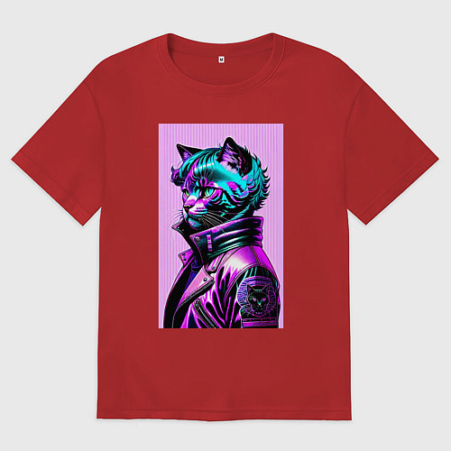 Женская футболка оверсайз Прикольный фиолетовый котейка - нейросеть / Красный – фото 1
