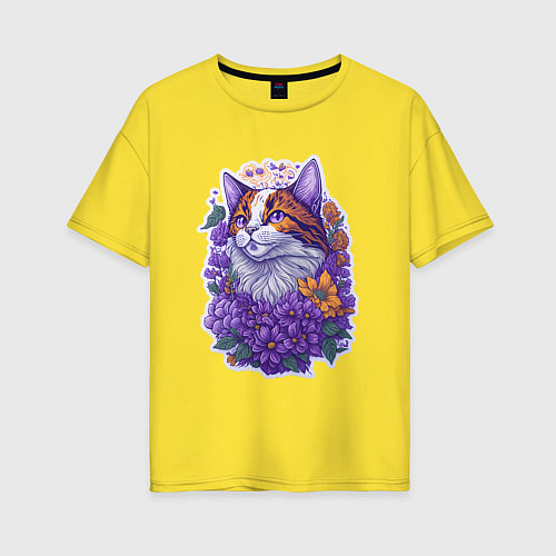 Женская футболка оверсайз Рыжий котик и фиолетовые цветы / Желтый – фото 1
