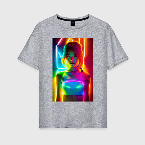 Женская футболка оверсайз Japanese girl - neon glow - neural network / Меланж – фото 1